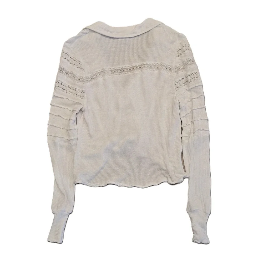 Free People White Lace Detail Collared Knit Cropped Cardigan Shirt M